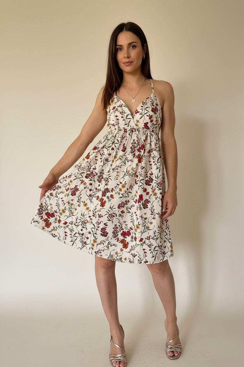Vestito Floreale Panna – Scollo V Schiena Aperta