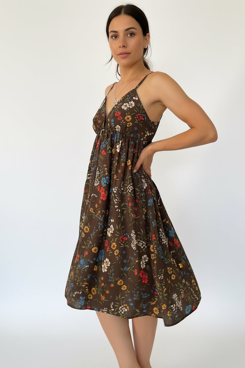 Vestito Floreale Marrone – Scollo V con Fiocco