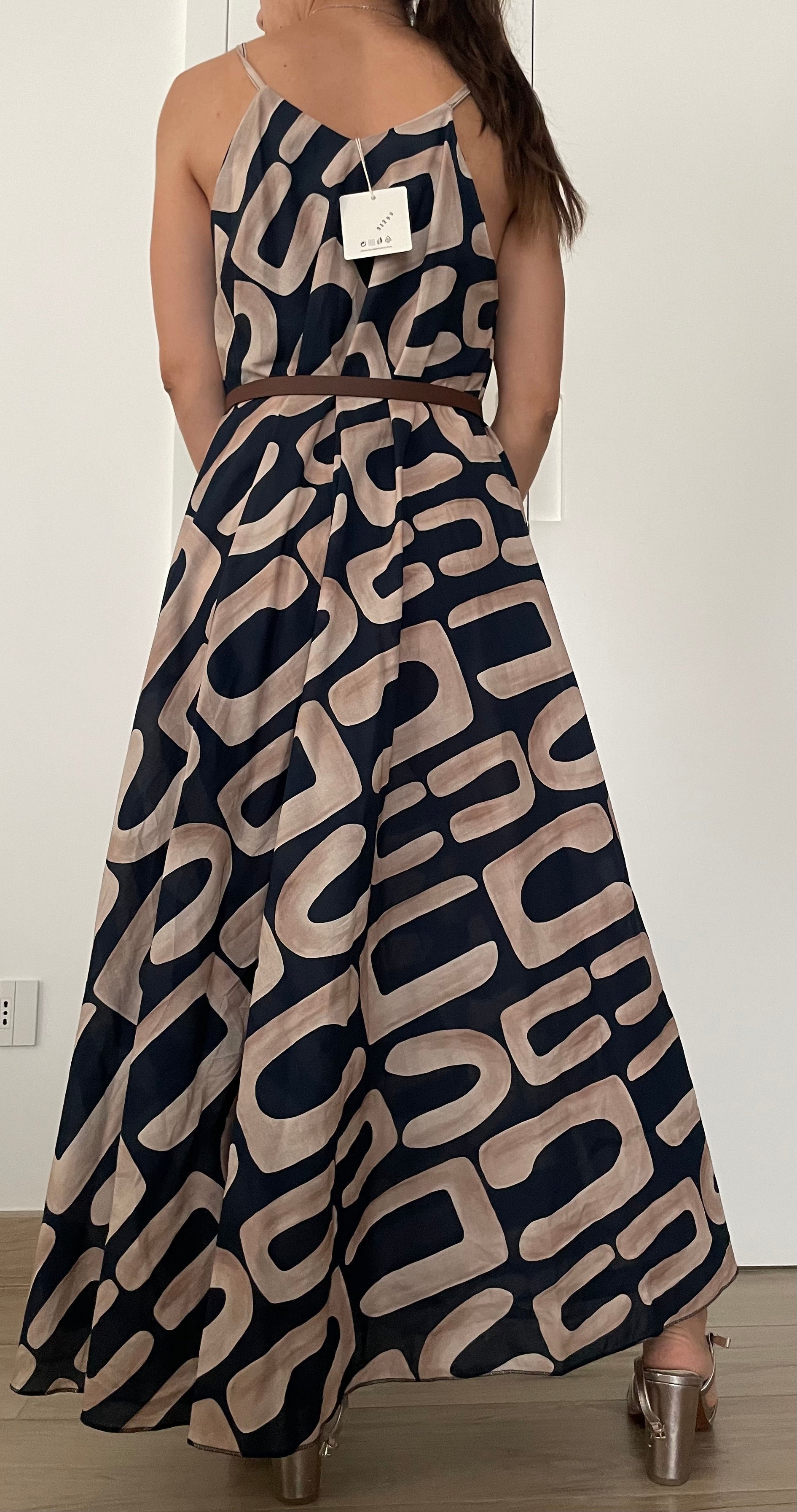 Vestito Maxi Stampa Geometrica Navy & Beige
