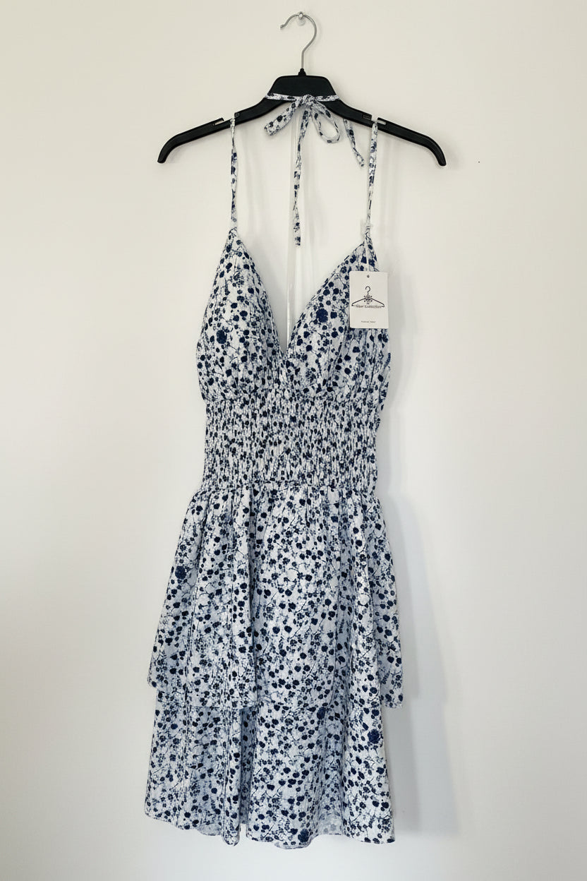 Vestito Floreale Bianco e Blu – Halter Neck