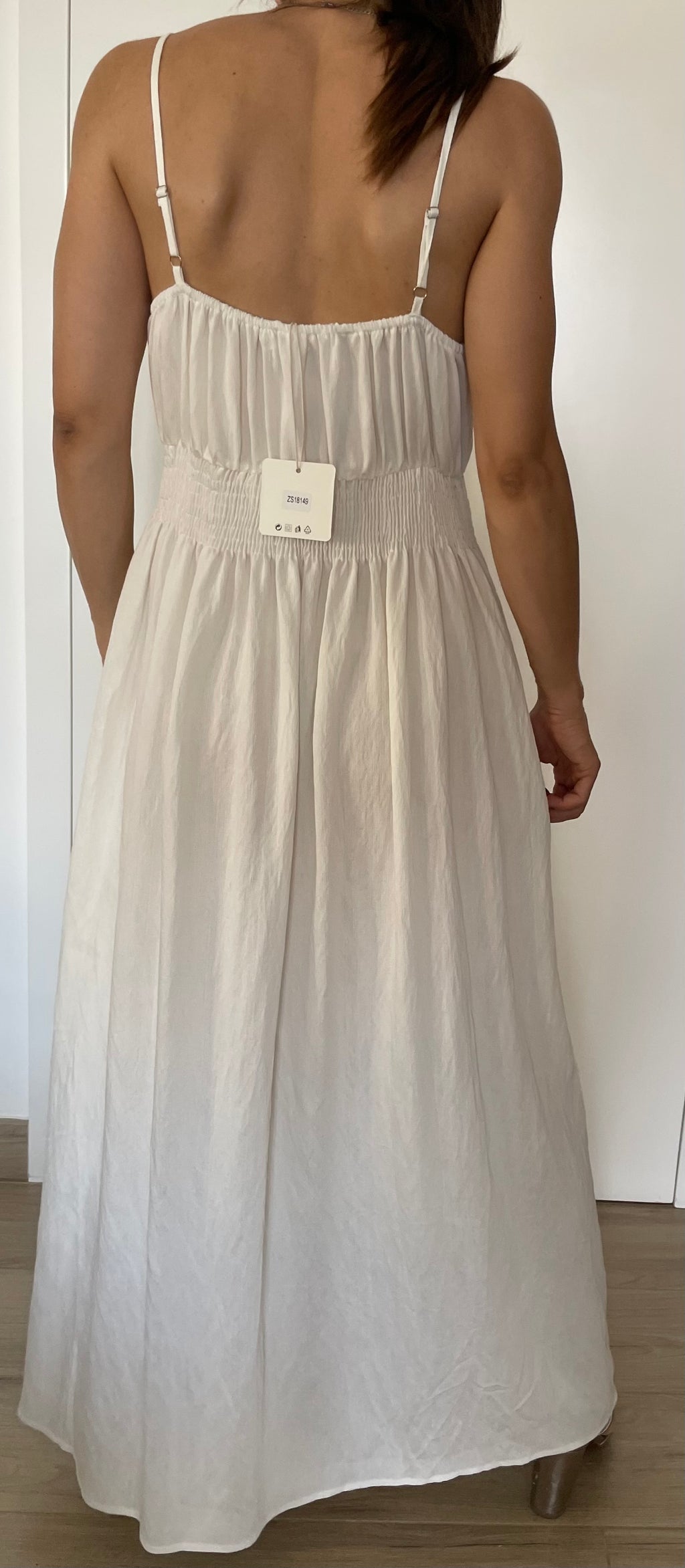 Vestito lungo bianco e blu con vita elasticizzata