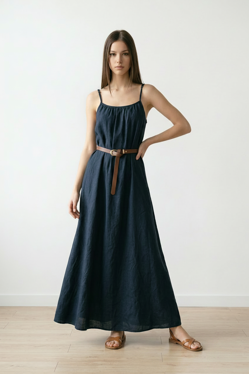 Abito Maxi Blu Navy con Cintura