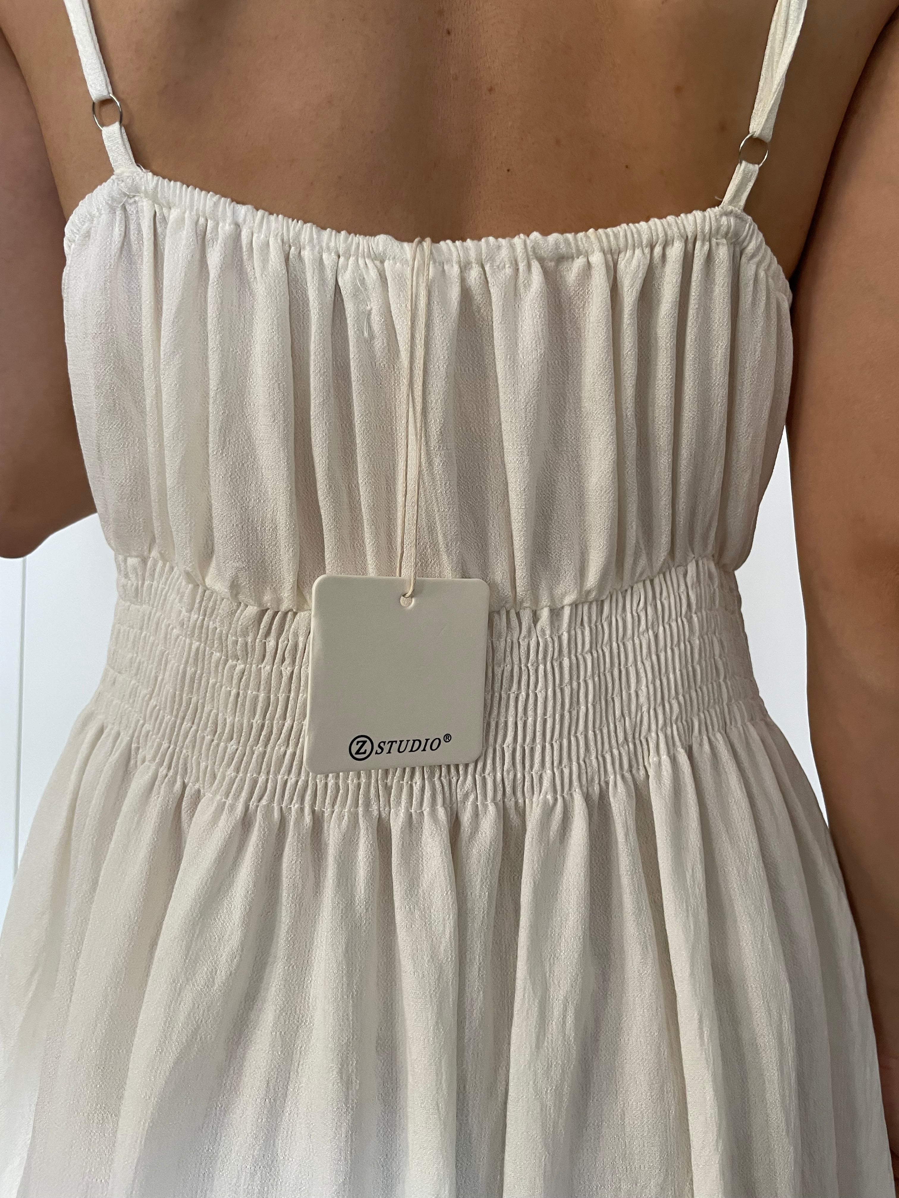 Vestito lungo bianco e blu con vita elasticizzata