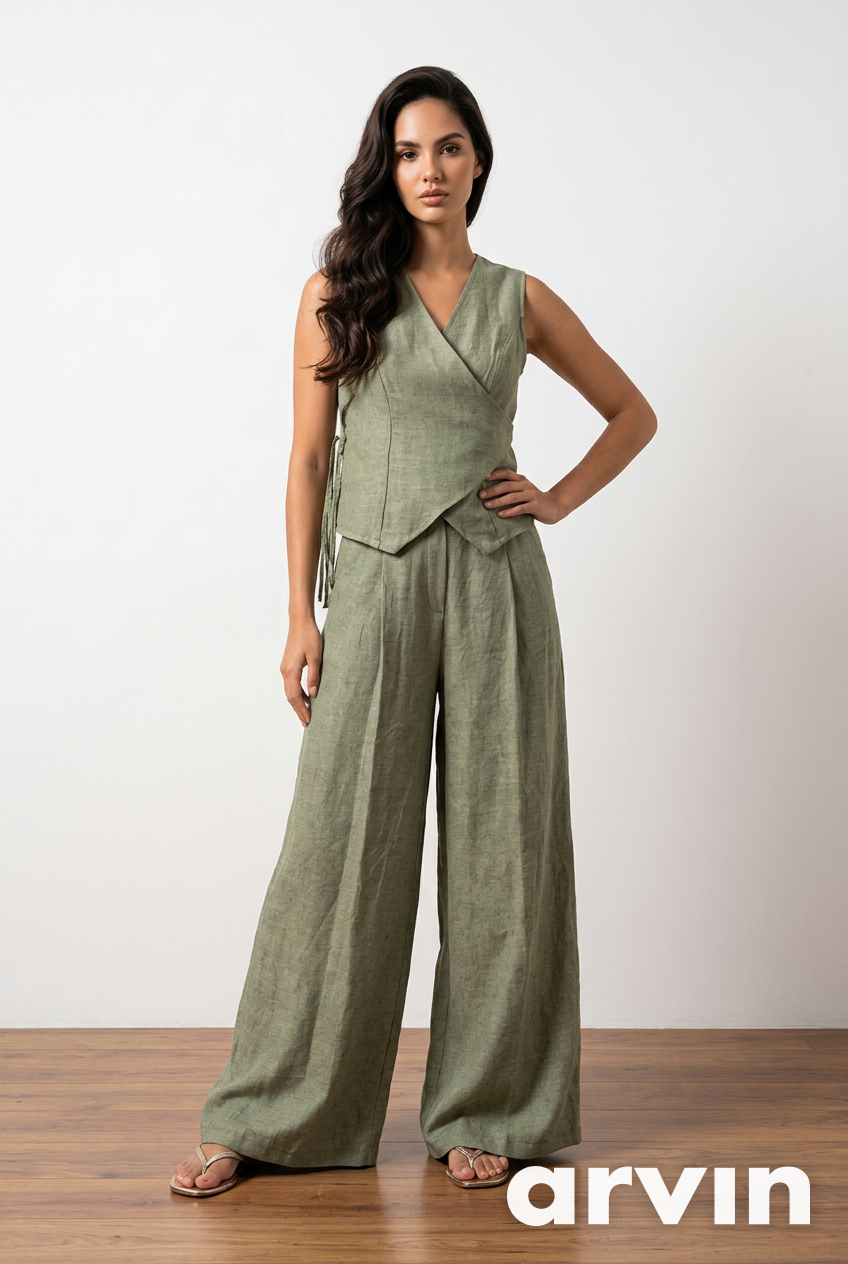 Coordinato Lino Verde Salvia — Top e Pantalone Palazzo