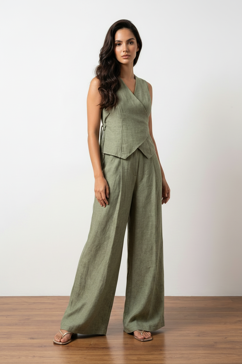 Coordinato Lino Verde Salvia — Top e Pantalone Palazzo