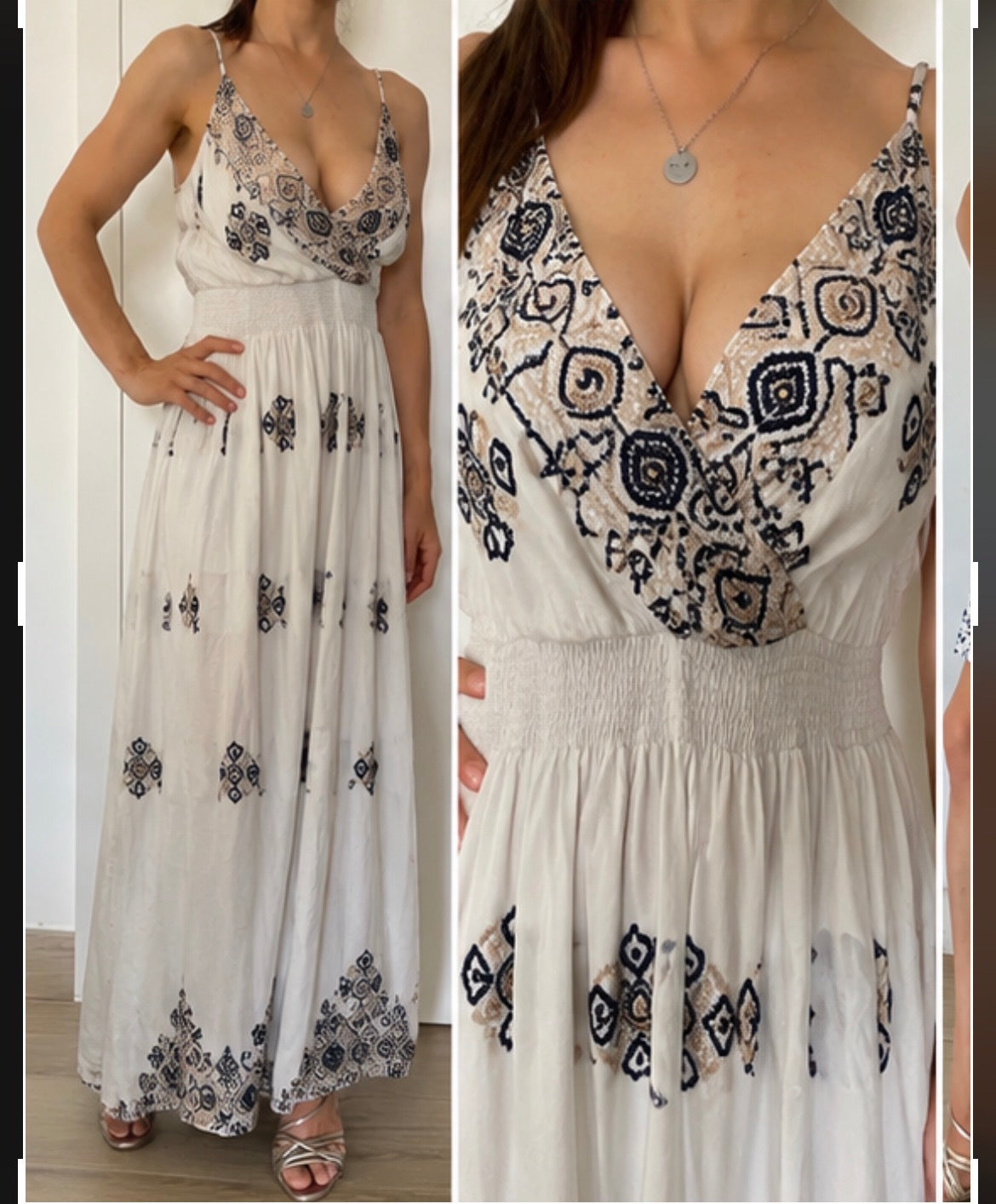 Vestito lungo bianco e blu con vita elasticizzata