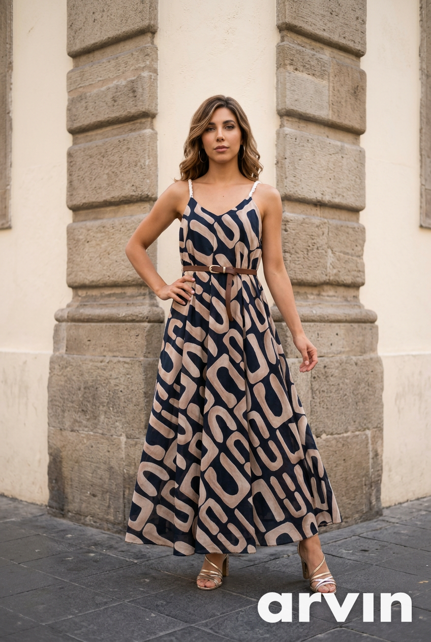 Vestito Maxi Stampa Geometrica Navy & Beige