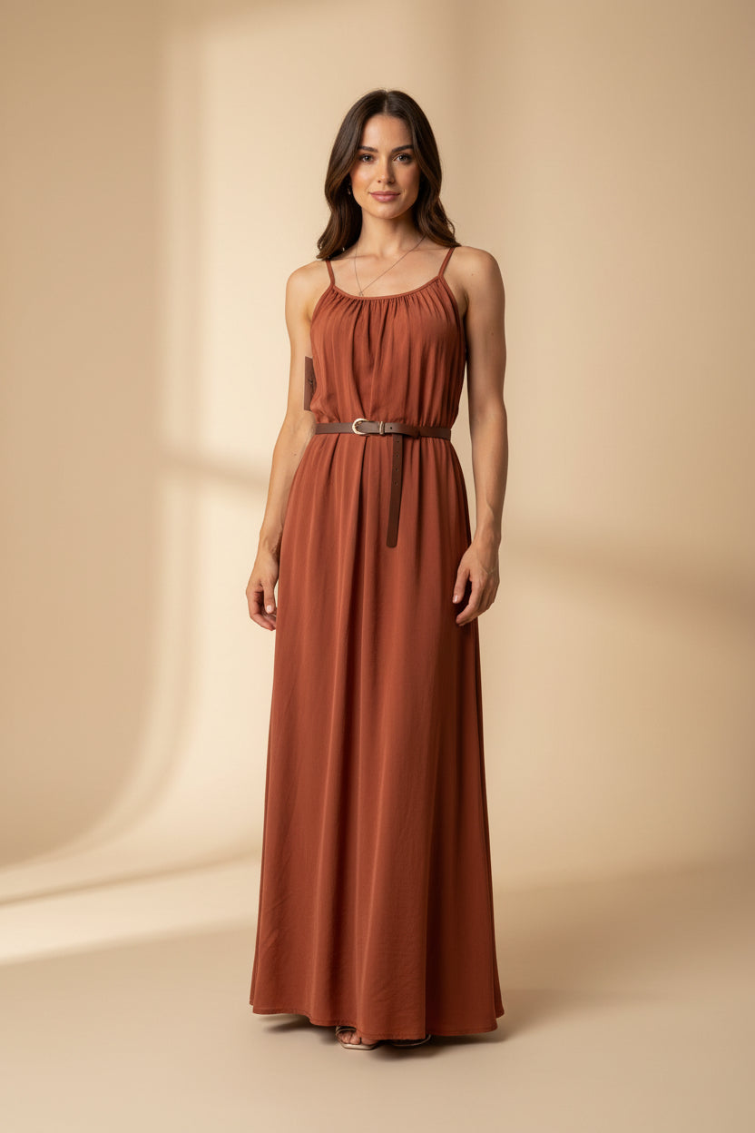 Abito Lungo Terracotta con Cintura – Halter Neck