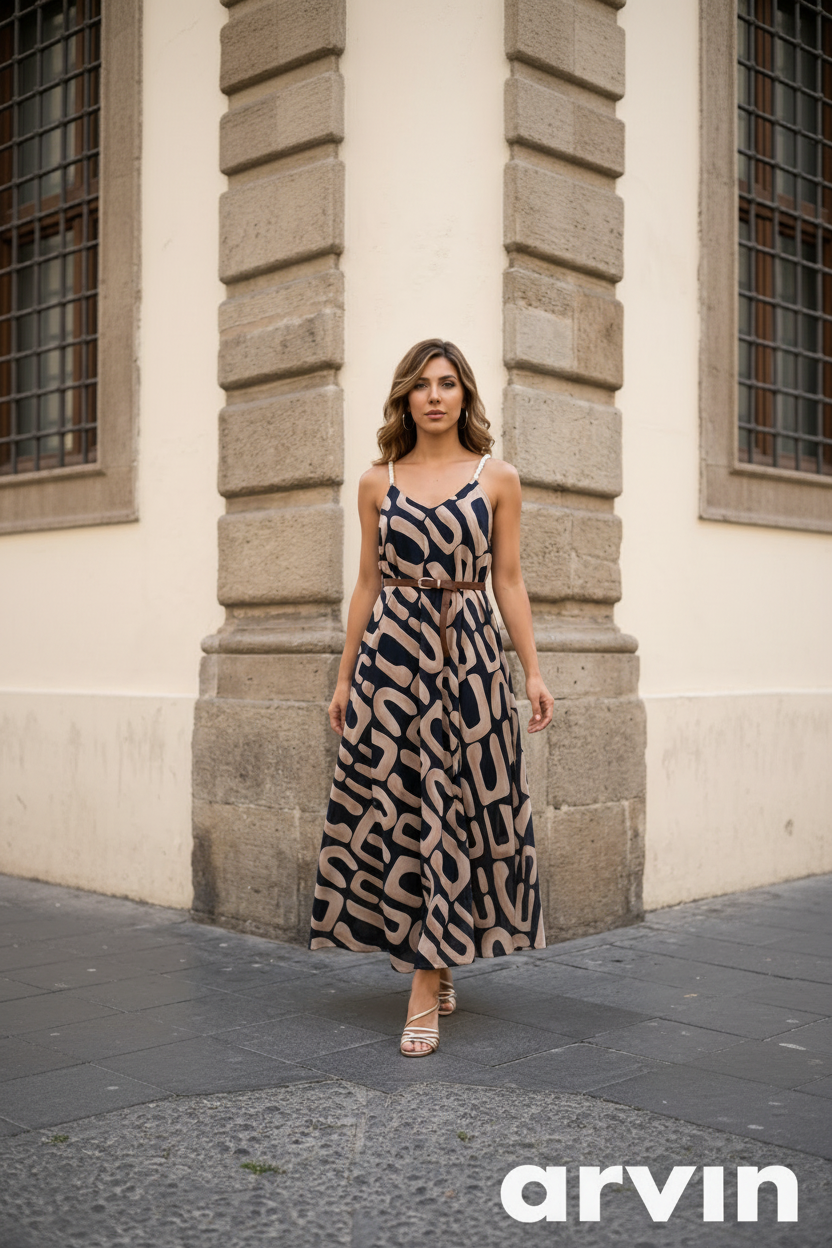 Vestito Maxi Stampa Geometrica Navy & Beige