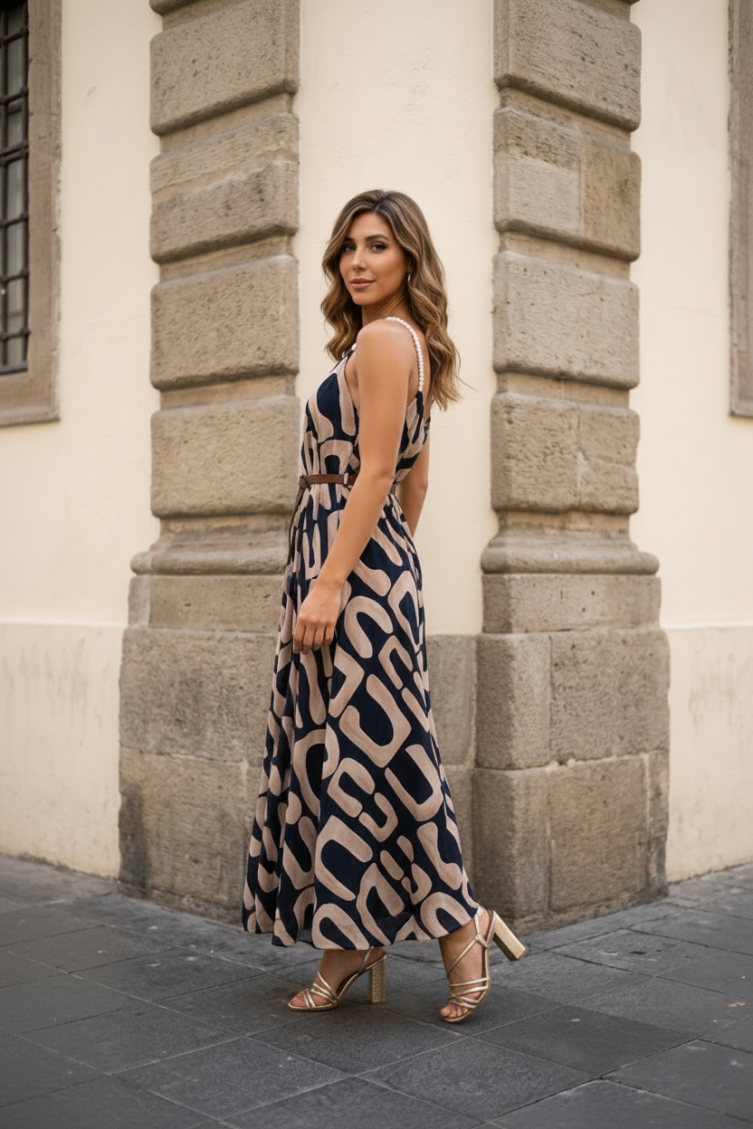 Vestito Maxi Stampa Geometrica Navy & Beige